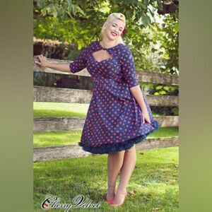 Cherry Velvet Plus 2X Blue Red‎ Polka Dot Retro Rockabilly 100% Cotton Dress